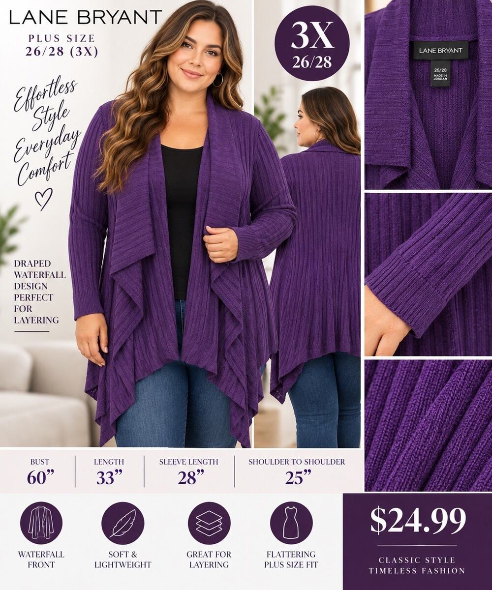 Lane Bryant Purple Rib-Knit Open Front Shawl Collar Cardigan Sweater 26/28 Fall